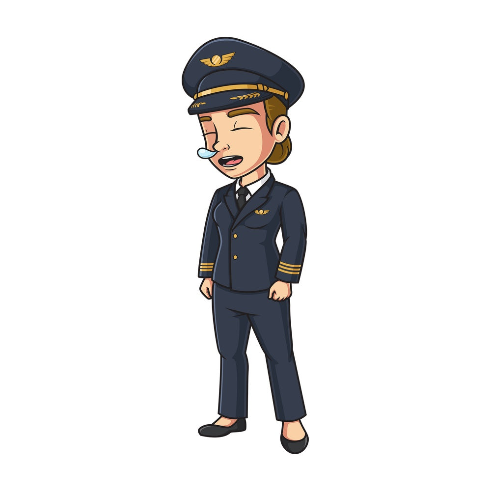Female airline pilot falling asleep. PNG - JPG and vector EPS (infinitely scalable).
