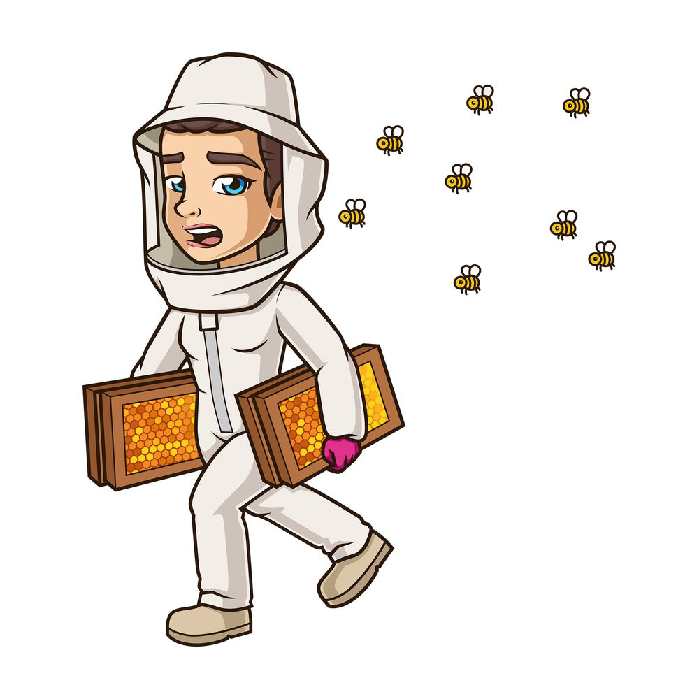 Female beekeeper attacked by bees. PNG - JPG and vector EPS (infinitely scalable).