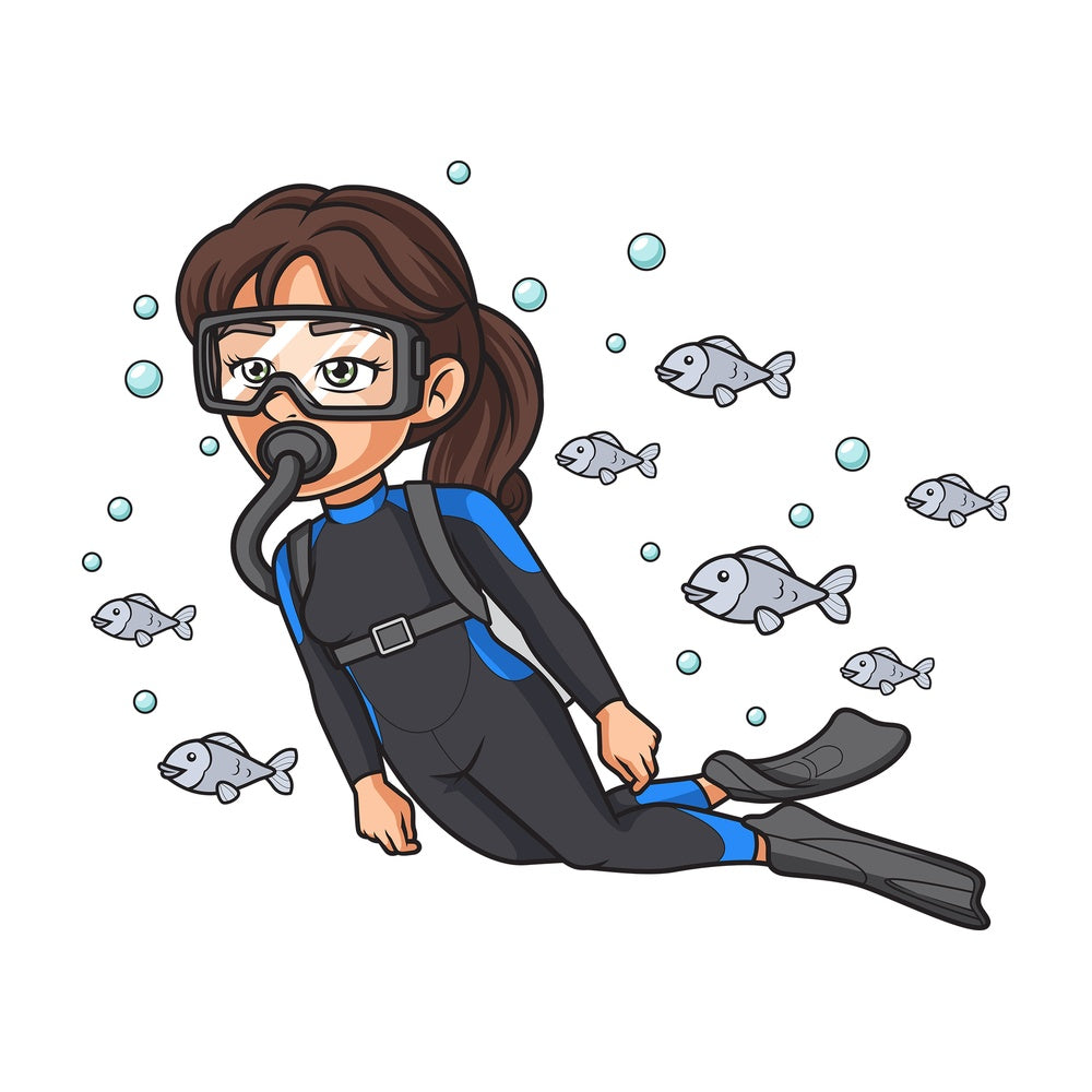 Female scuba diver swimming. PNG - JPG and vector EPS (infinitely scalable).