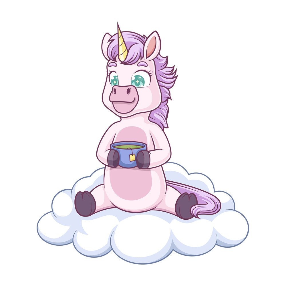 Cartoon unicorn drinking tea. PNG - JPG and vector EPS file formats (infinitely scalable). Image isolated on transparent background.