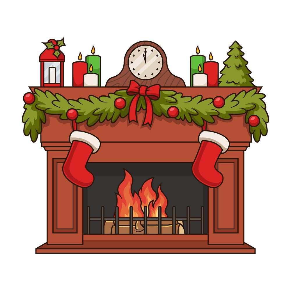 Cartoon fireplace decorated for christmas. PNG - JPG and vector EPS file formats (infinitely scalable). Image isolated on transparent background.