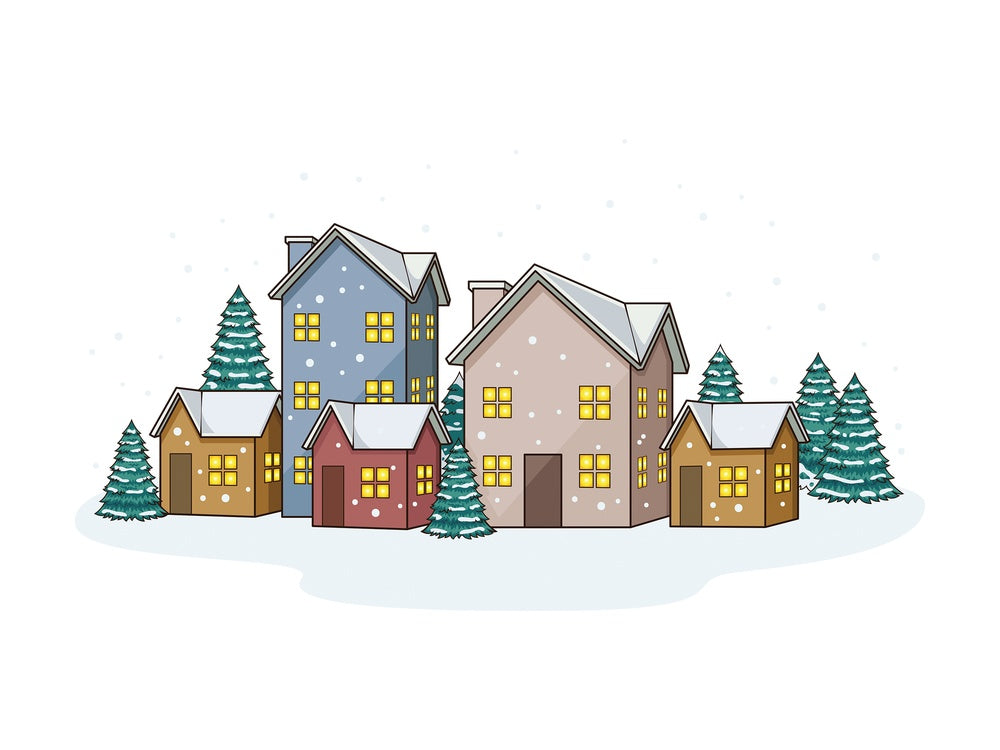 Cartoon snowy village xmas trees. PNG - JPG and vector EPS file formats (infinitely scalable). Image isolated on transparent background.