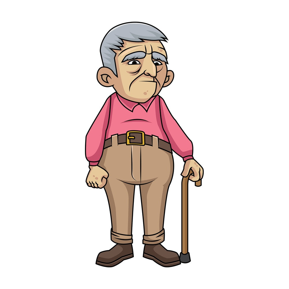 Sad old man with walking stick. PNG - JPG and vector EPS file formats (infinitely scalable). Image isolated on transparent background.