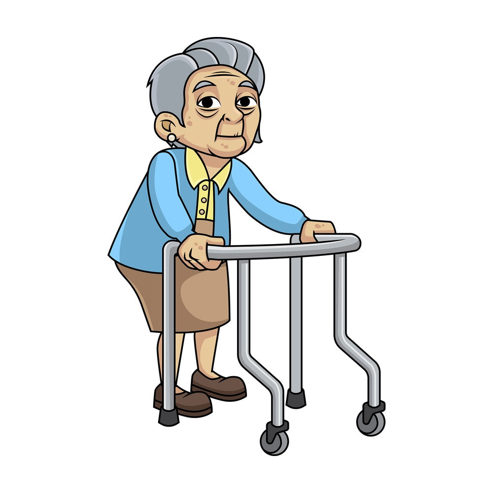 Feeble old woman with walker. PNG - JPG and vector EPS file formats (infinitely scalable). Image isolated on transparent background.
