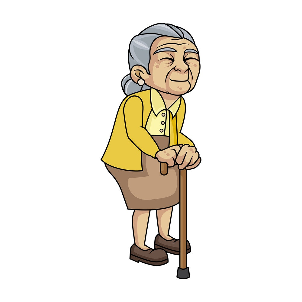 Weak old woman with walking stick. PNG - JPG and vector EPS file formats (infinitely scalable). Image isolated on transparent background.