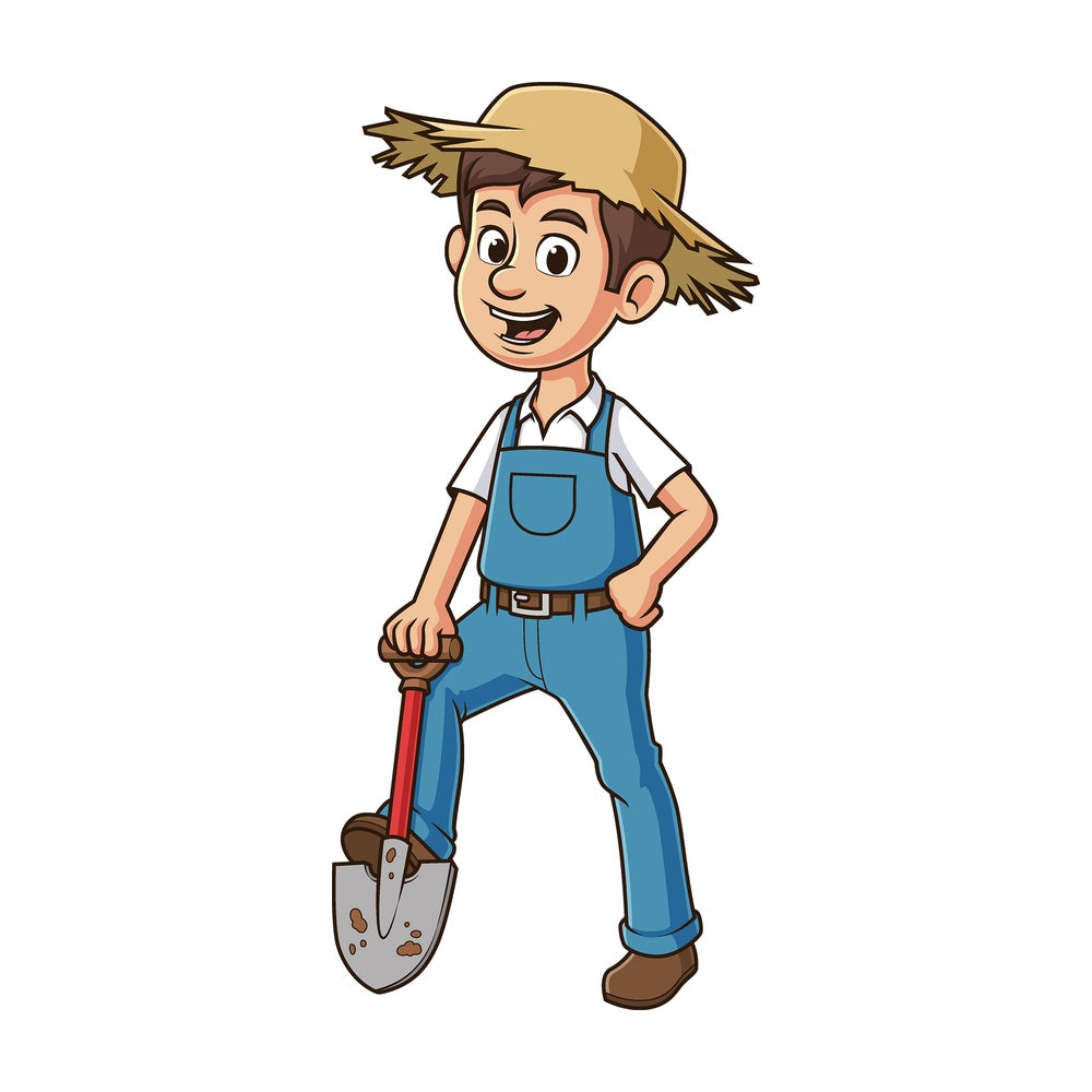 Cartoon farmer with foot on shovel. PNG - JPG and vector EPS file formats (infinitely scalable). Image isolated on transparent background.