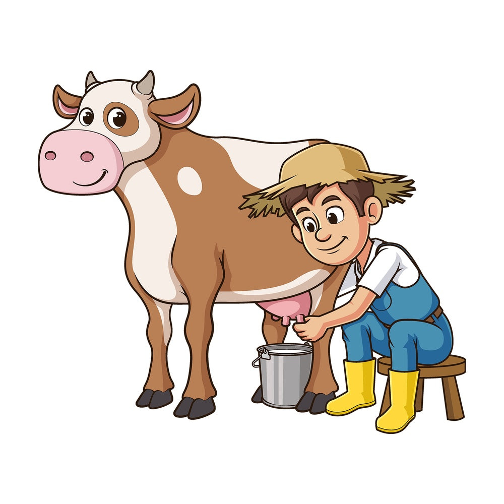 Cartoon farmer milking cow. PNG - JPG and vector EPS file formats (infinitely scalable). Image isolated on transparent background.
