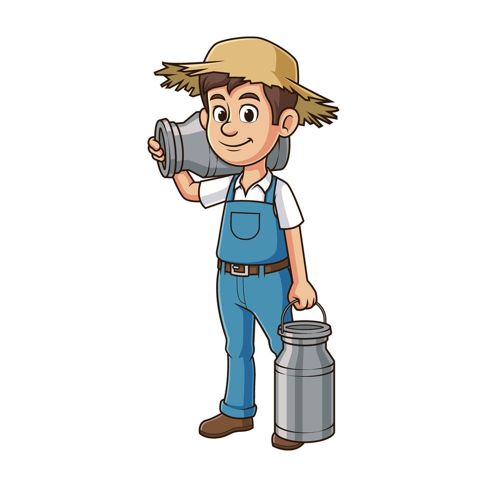 Cartoon farmer carrying milk. PNG - JPG and vector EPS file formats (infinitely scalable). Image isolated on transparent background.