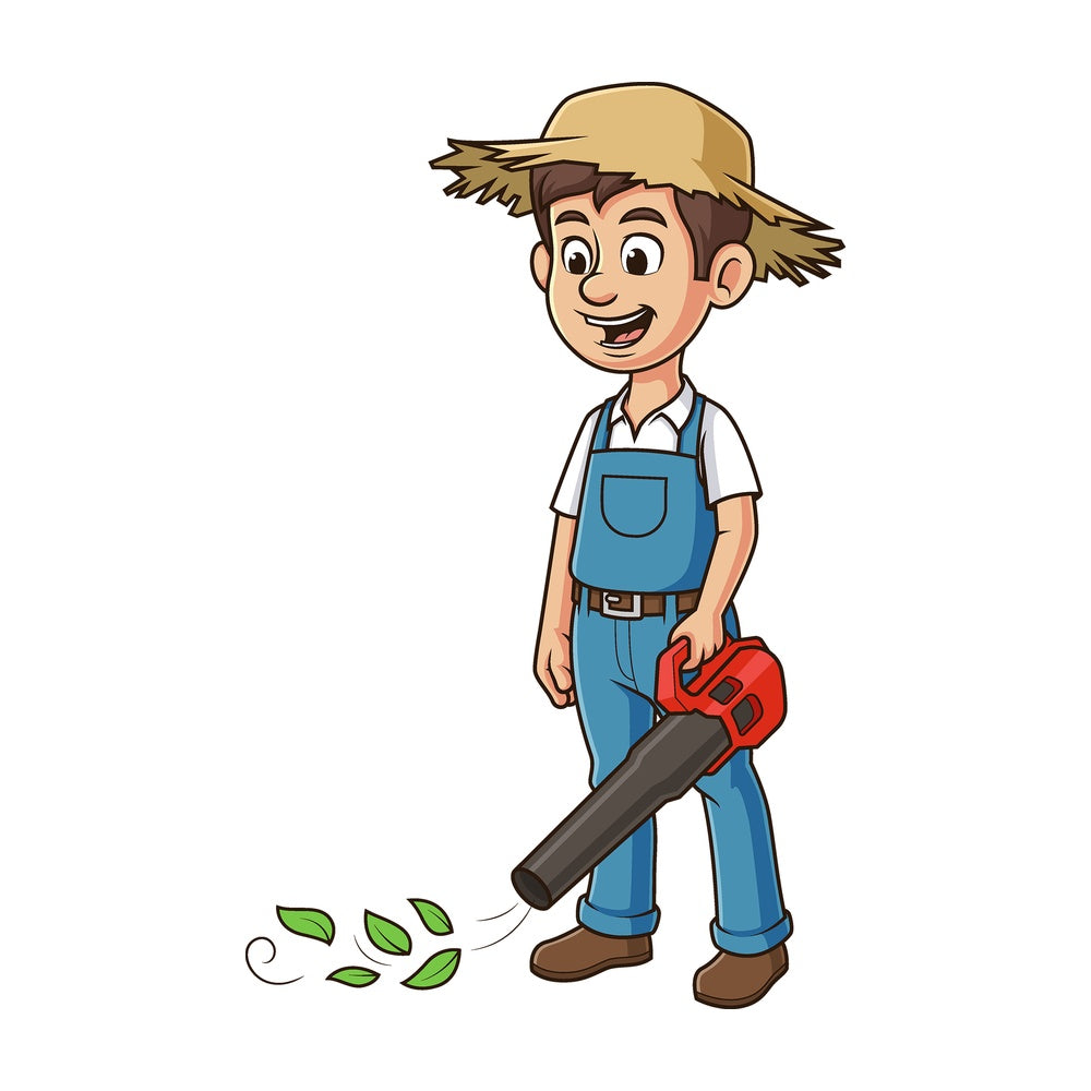 Cartoon man using leaf blower. PNG - JPG and vector EPS file formats (infinitely scalable). Image isolated on transparent background.