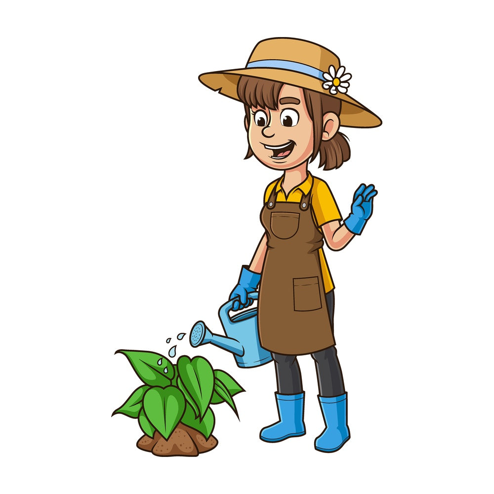 Cartoon female farmer watering plant. PNG - JPG and vector EPS file formats (infinitely scalable). Image isolated on transparent background.