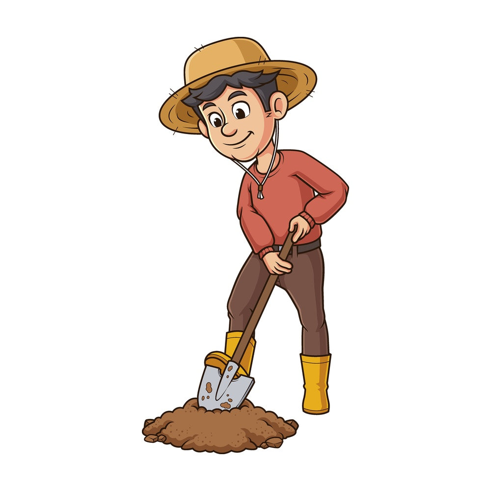 Cartoon male farmer using shovel to dig hole. PNG - JPG and vector EPS file formats (infinitely scalable). Image isolated on transparent background.
