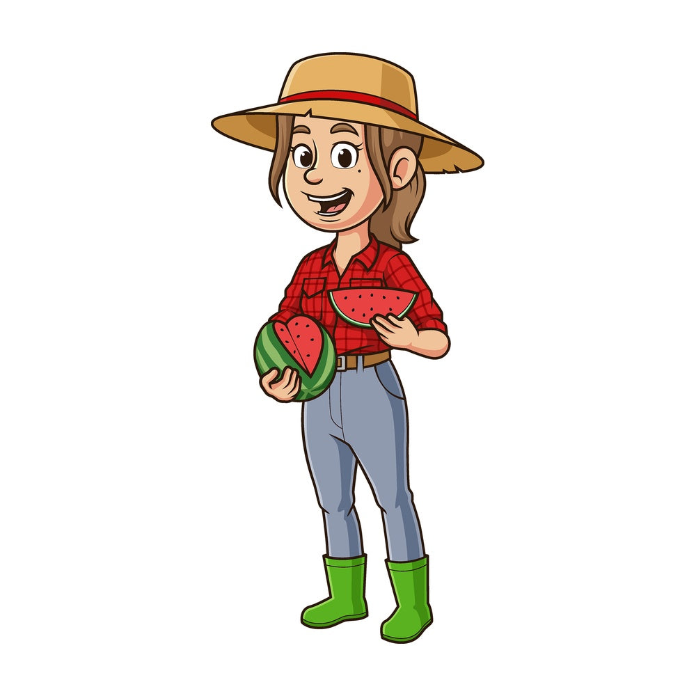 Cartoon female farmer holding sliced watermelon. PNG - JPG and vector EPS file formats (infinitely scalable). Image isolated on transparent background.