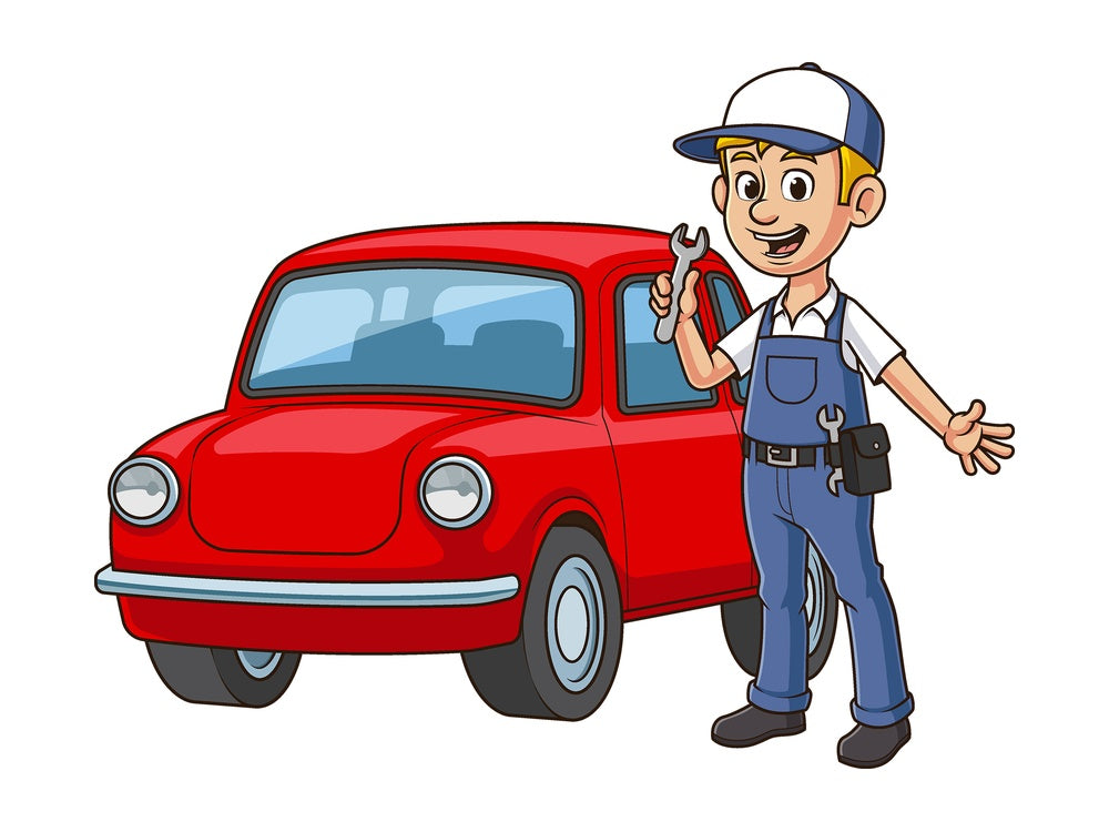 Cartoon mechanic next to car. PNG - JPG and vector EPS file formats (infinitely scalable). Image isolated on transparent background.