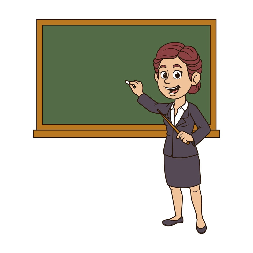 Cartoon teacher near chalkboard. PNG - JPG and vector EPS file formats (infinitely scalable). Image isolated on transparent background.