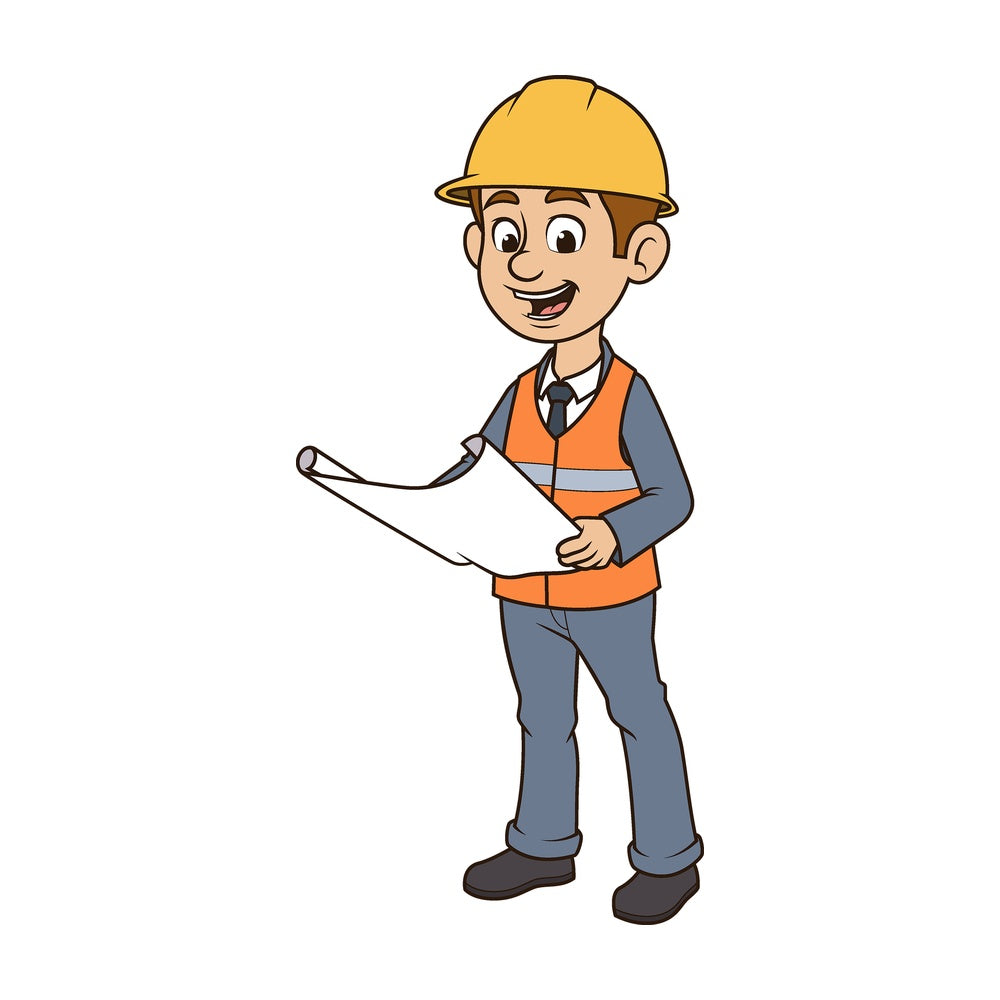 Cartoon engineer reviewing plans. PNG - JPG and vector EPS file formats (infinitely scalable). Image isolated on transparent background.