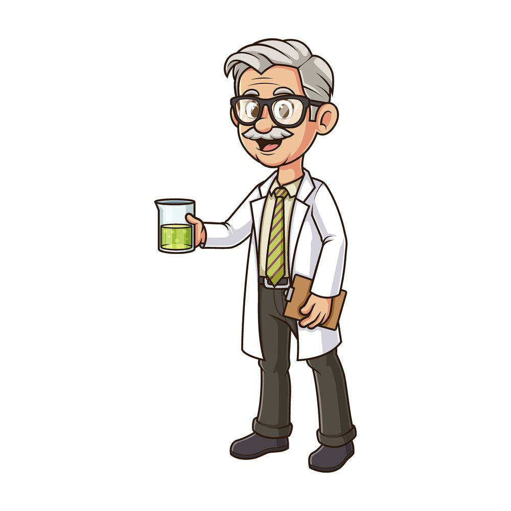 Cartoon scientist holding vial. PNG - JPG and vector EPS file formats (infinitely scalable). Image isolated on transparent background.