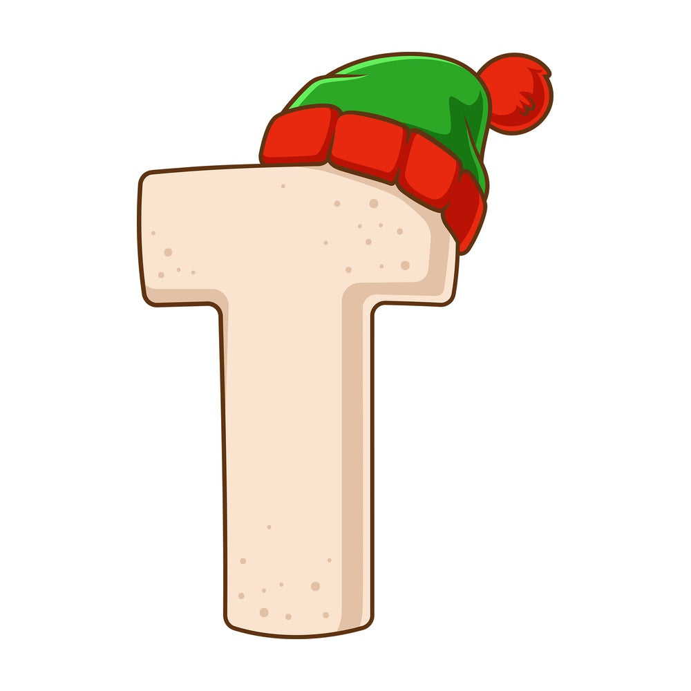 Cartoon christmas capital letter t. PNG - JPG and vector EPS file formats (infinitely scalable). Image isolated on transparent background.