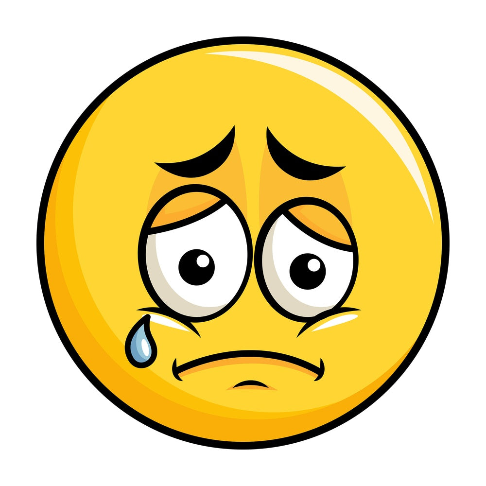 Teared up sad yellow smiley emoticon. PNG - JPG and vector EPS file formats (infinitely scalable). Image isolated on transparent background.