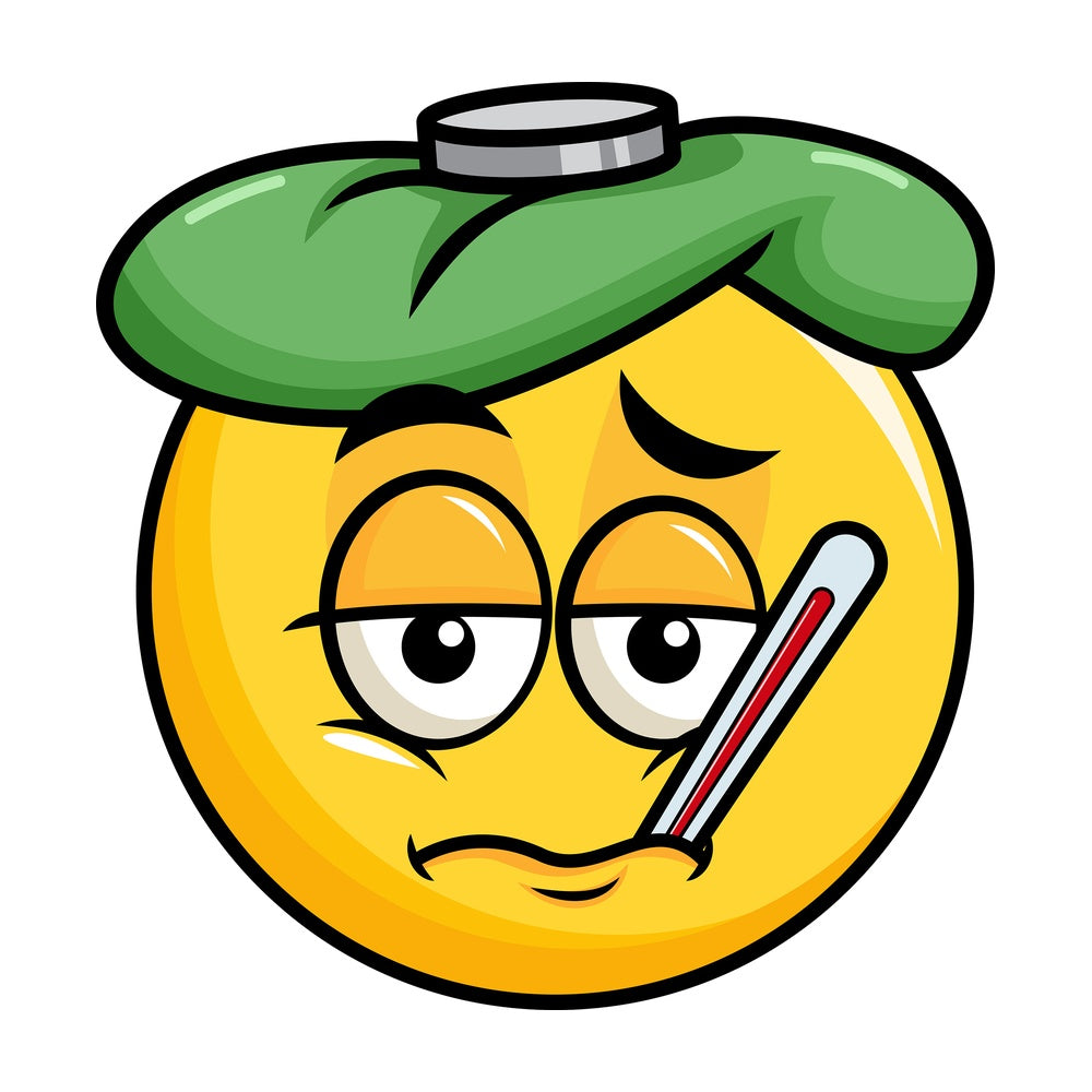 Feverish sick yellow smiley emoticon. PNG - JPG and vector EPS file formats (infinitely scalable). Image isolated on transparent background.