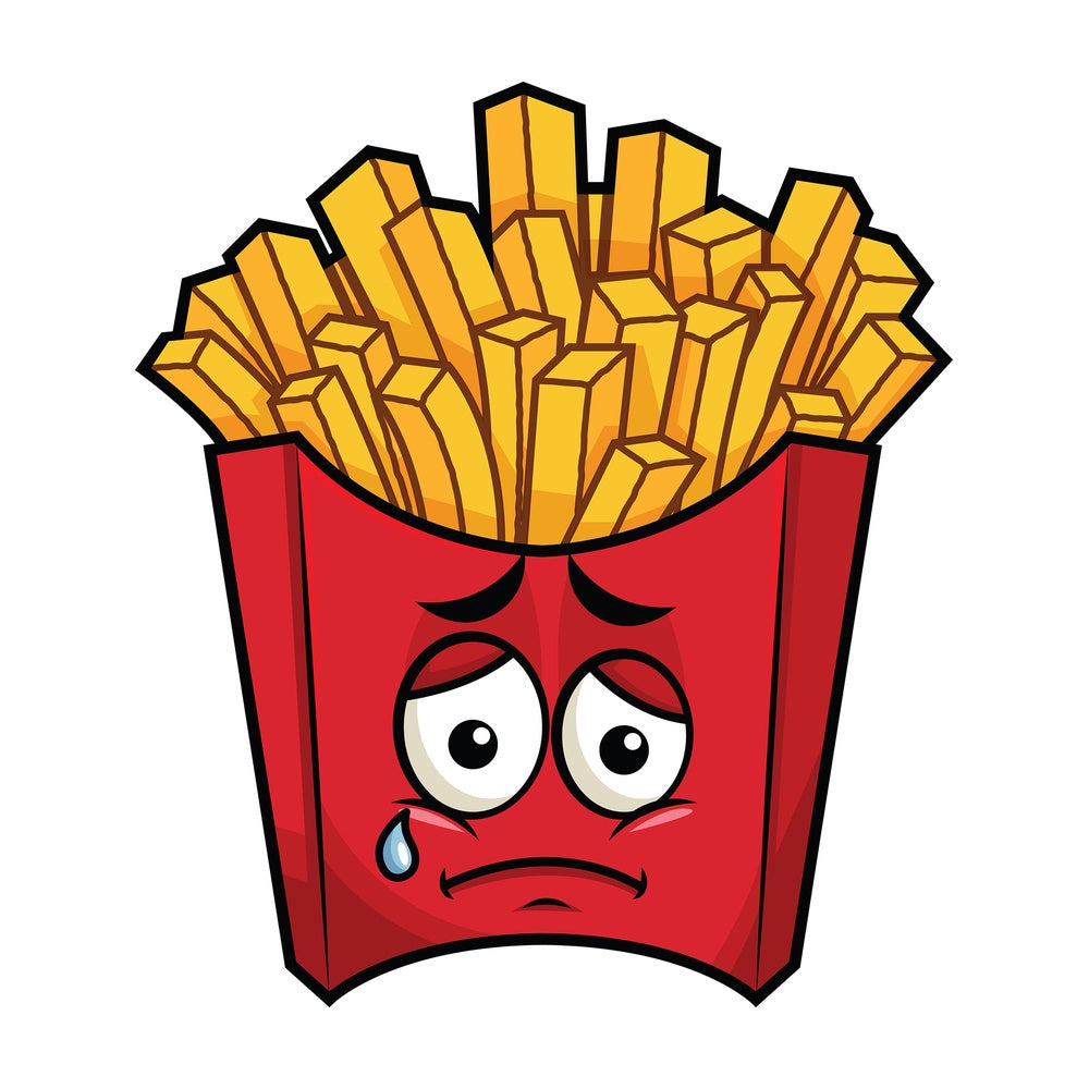 Teared up sad french fries emoticon. PNG - JPG and vector EPS file formats (infinitely scalable). Image isolated on transparent background.