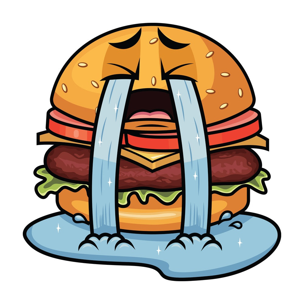 Crying with wailing tears hamburger emoticon. PNG - JPG and vector EPS file formats (infinitely scalable). Image isolated on transparent background.