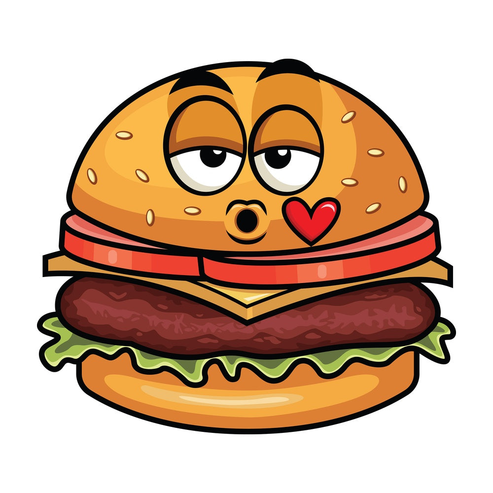Hamburger blowing a kiss emoticon. PNG - JPG and vector EPS file formats (infinitely scalable). Image isolated on transparent background.
