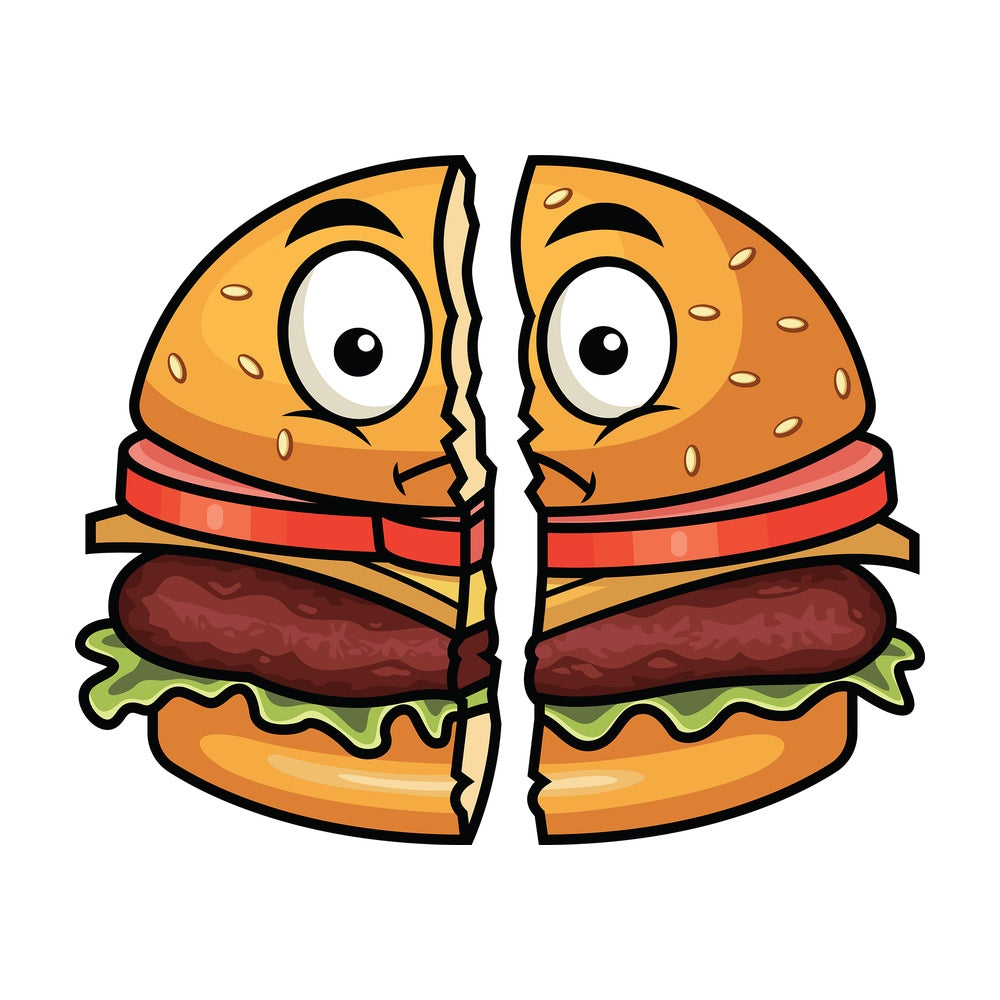 Cut in half hamburger emoticon. PNG - JPG and vector EPS file formats (infinitely scalable). Image isolated on transparent background.