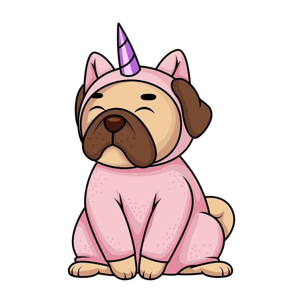 Pug dog in unicorn costume. PNG - JPG and vector EPS file formats (infinitely scalable). Image isolated on transparent background.