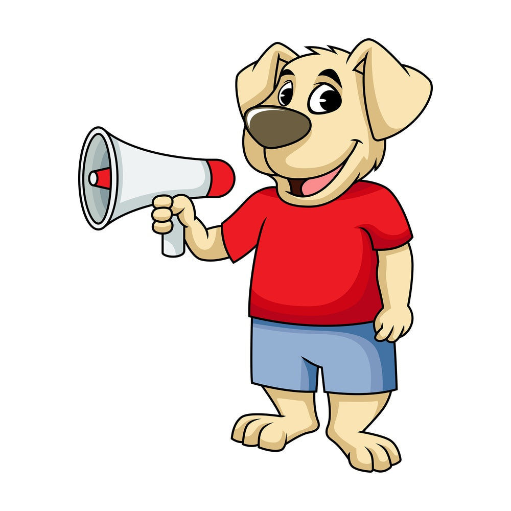 Dog cartoon character holding megaphone. PNG - JPG and vector EPS (infinitely scalable). Image isolated on transparent background.