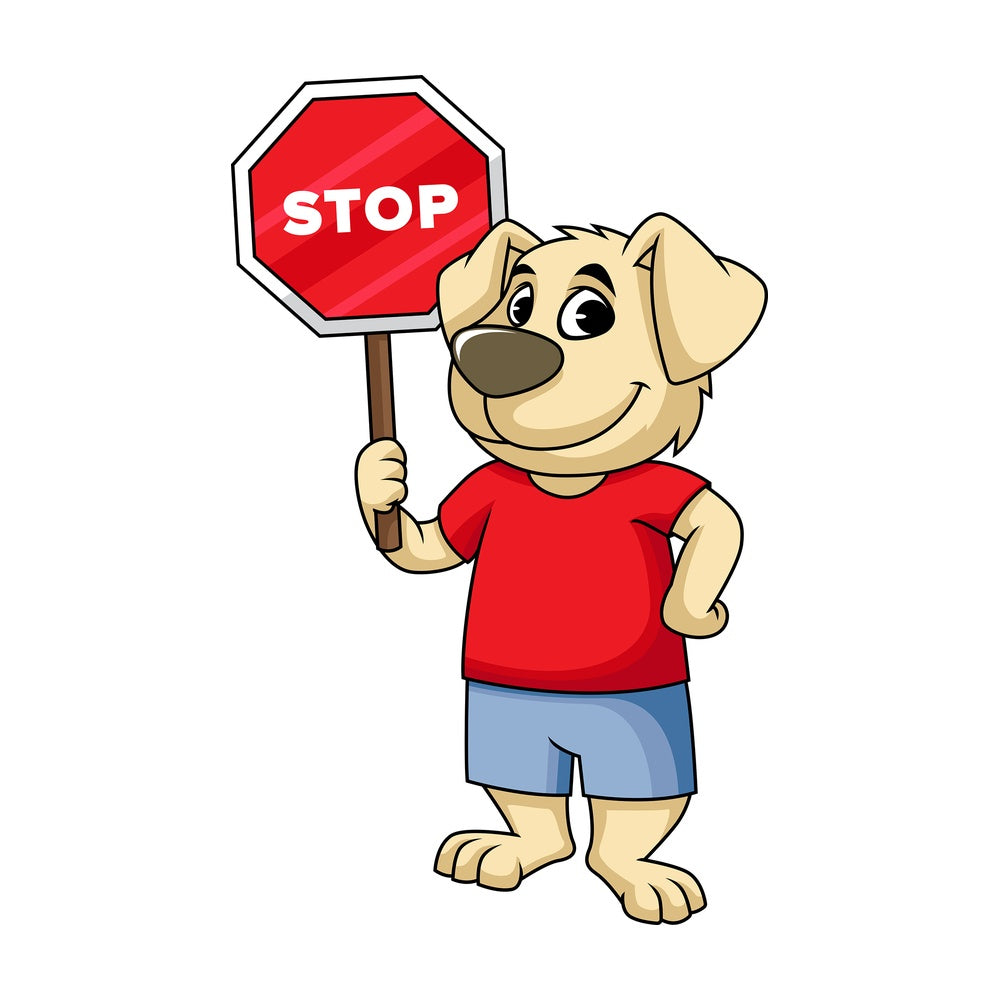 Dog cartoon character holding stop sign. PNG - JPG and vector EPS (infinitely scalable). Image isolated on transparent background.