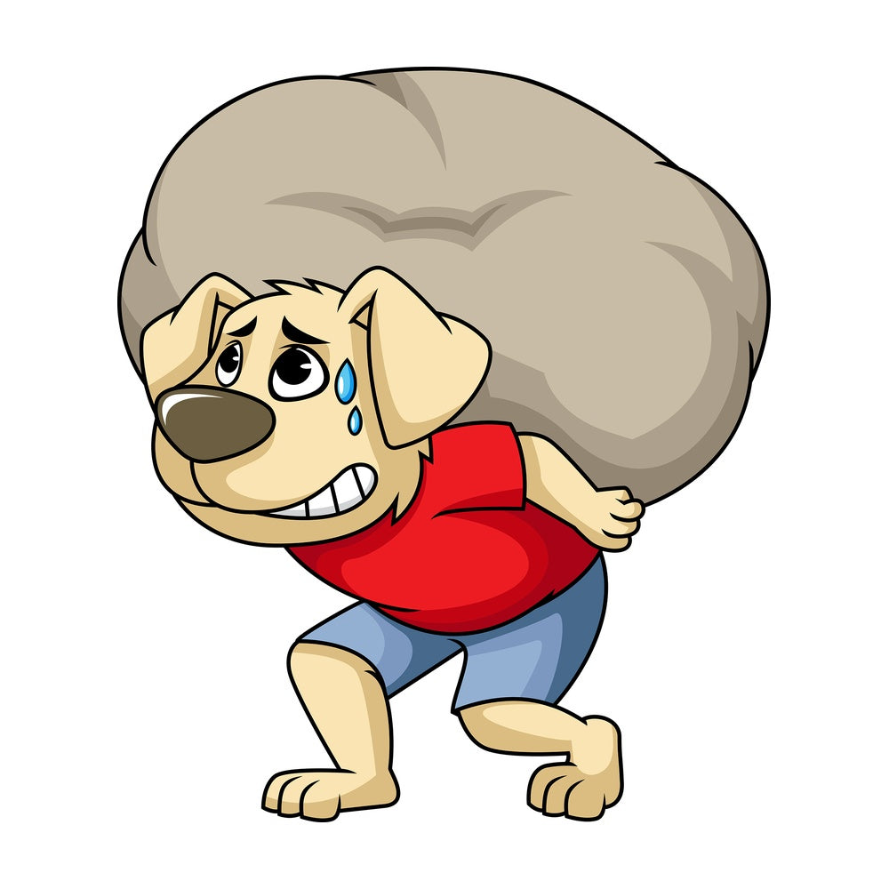 Dog cartoon character carrying heavy stone. PNG - JPG and vector EPS (infinitely scalable). Image isolated on transparent background.