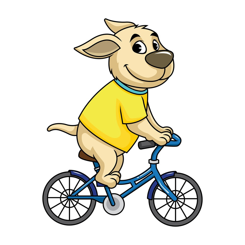 Dog cartoon character riding bike. PNG - JPG and vector EPS (infinitely scalable). Image isolated on transparent background.