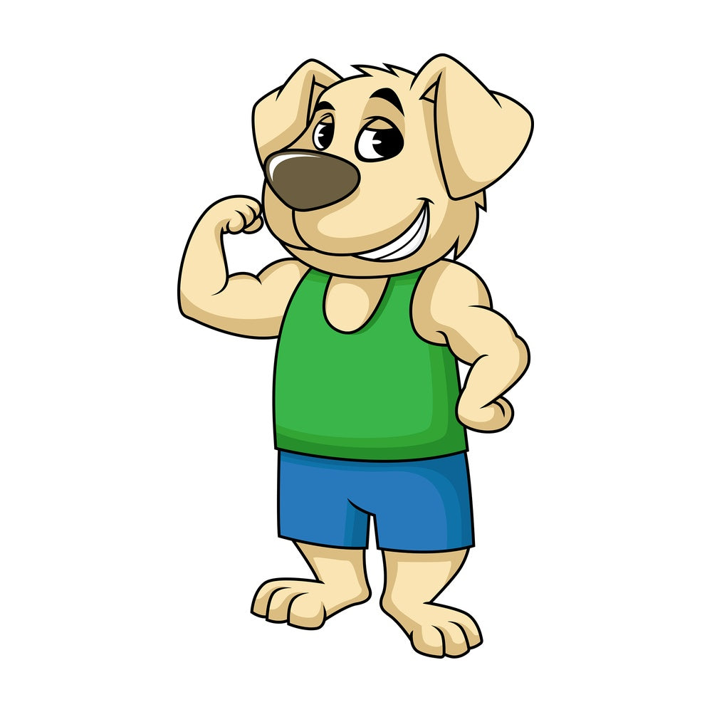 Dog cartoon character flexing muscles. PNG - JPG and vector EPS (infinitely scalable). Image isolated on transparent background.