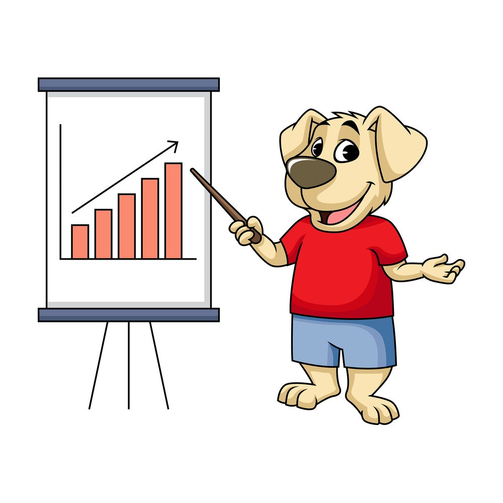 Dog cartoon character pointing το growth chart. PNG - JPG and vector EPS (infinitely scalable). Image isolated on transparent background.