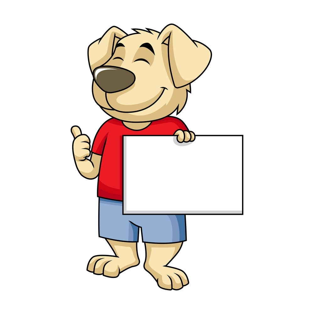 Dog cartoon character holding blank sign. PNG - JPG and vector EPS (infinitely scalable). Image isolated on transparent background.