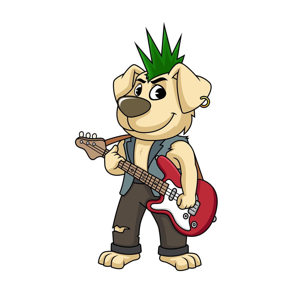Punk rock dog playing guitar. PNG - JPG and vector EPS (infinitely scalable). Image isolated on transparent background.