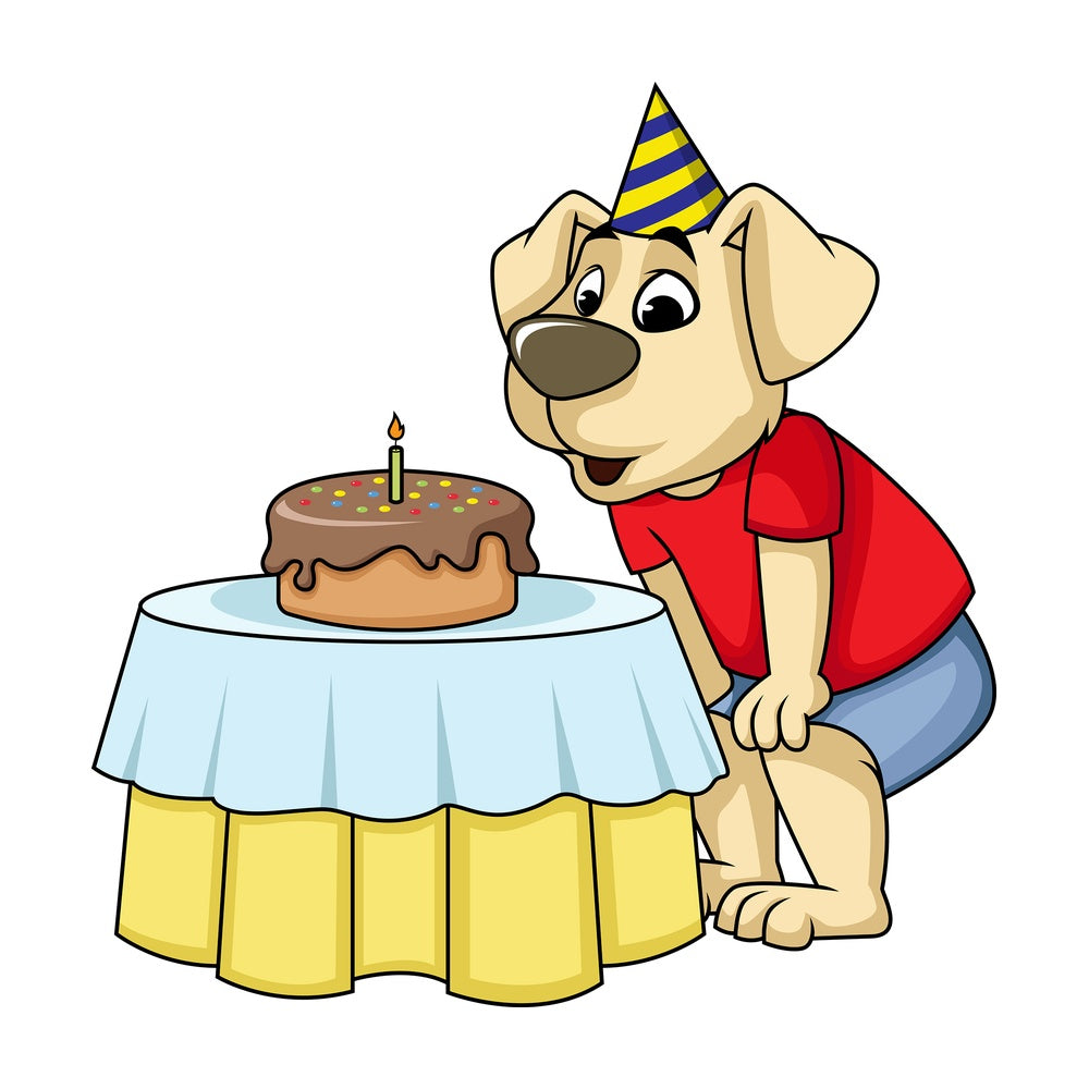 Dog character blowing candles on birthday. PNG - JPG and vector EPS (infinitely scalable). Image isolated on transparent background.