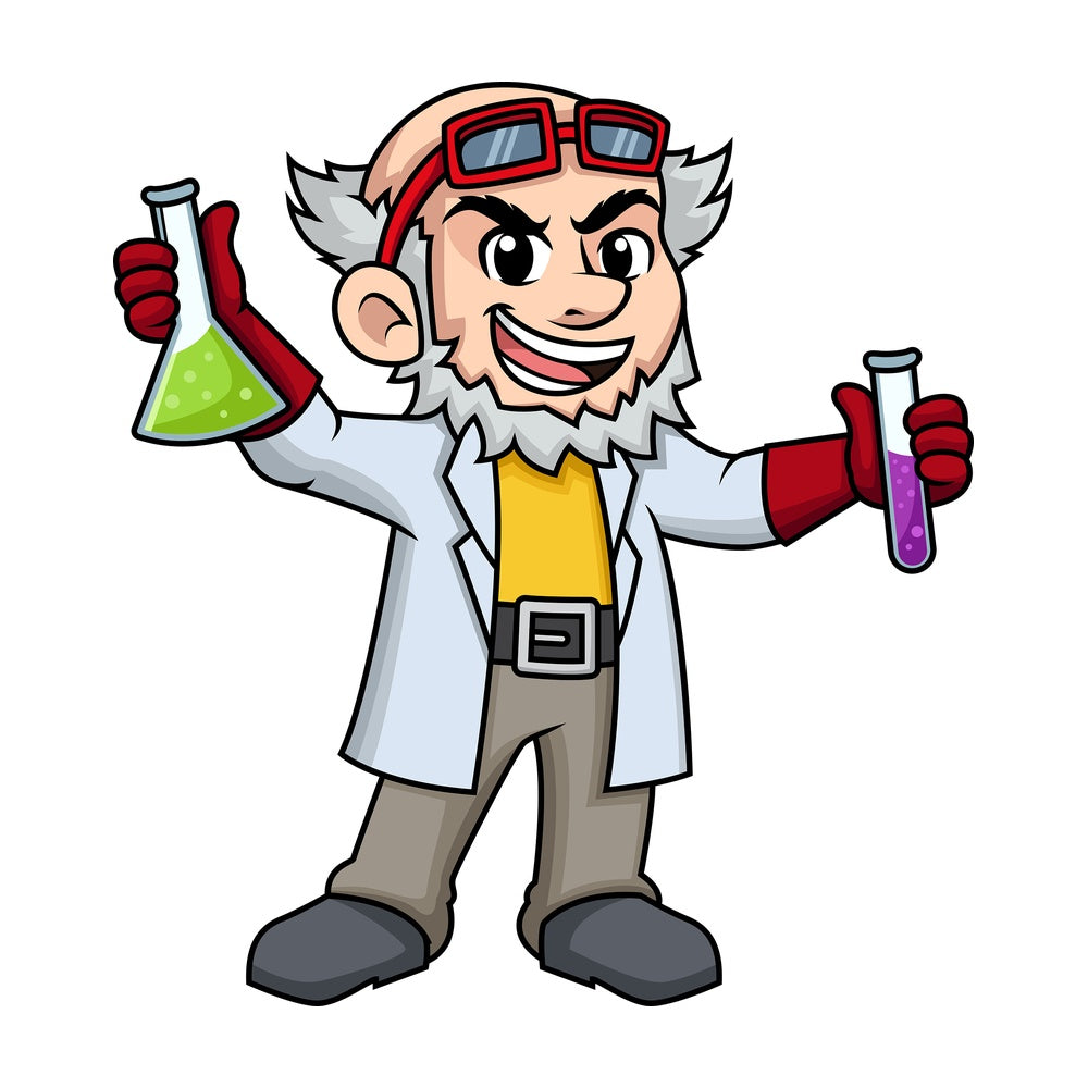 Mad alchemist holding vials. PNG - JPG and vector EPS (infinitely scalable). Image isolated on transparent background.