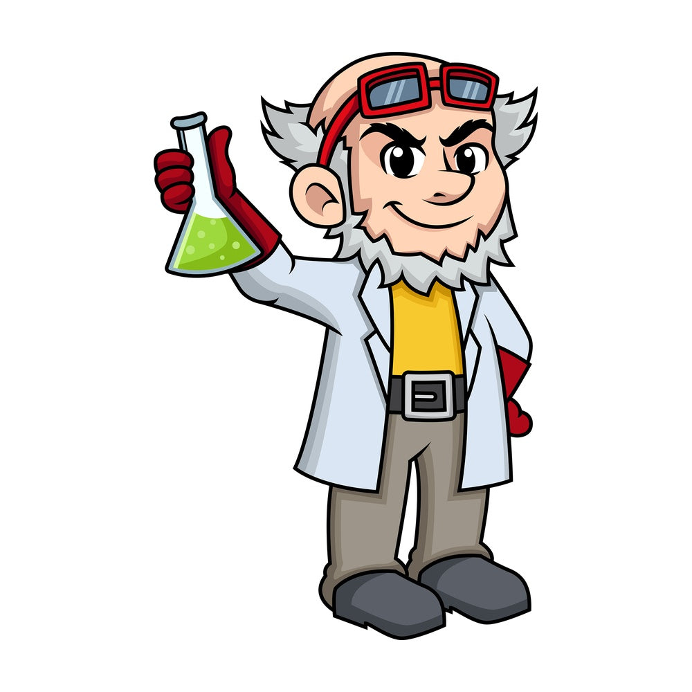 Crazy scientist holding vial. PNG - JPG and vector EPS (infinitely scalable). Image isolated on transparent background.