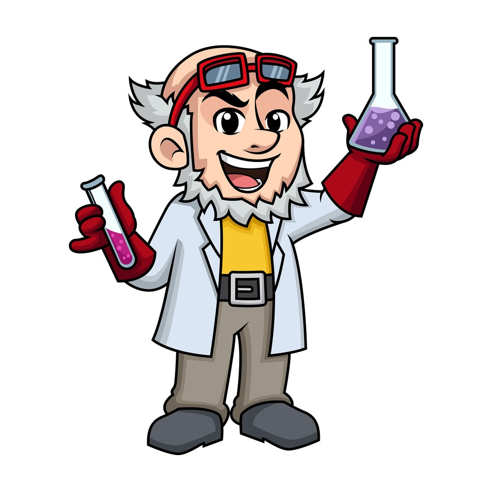Crazy scientist holding chemicals. PNG - JPG and vector EPS (infinitely scalable). Image isolated on transparent background.