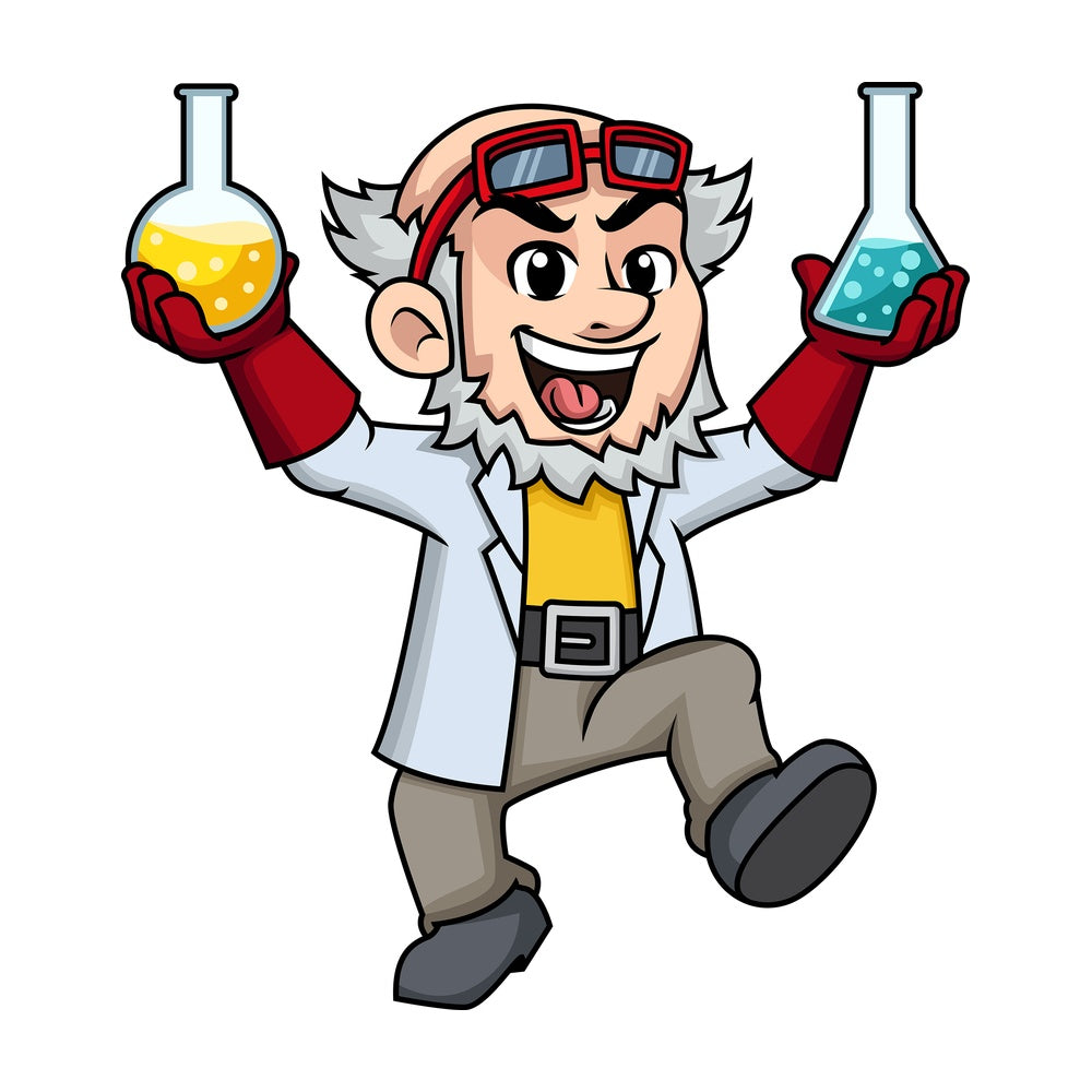 Mad scientist with chemicals. PNG - JPG and vector EPS (infinitely scalable). Image isolated on transparent background.