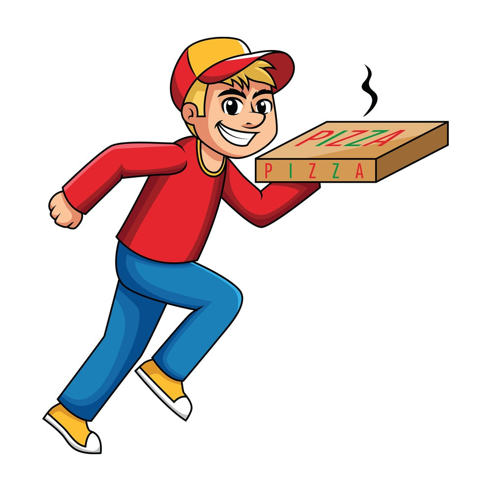 Delivery boy holding hot pizza box. PNG - JPG and vector EPS (infinitely scalable). Image isolated on transparent background.
