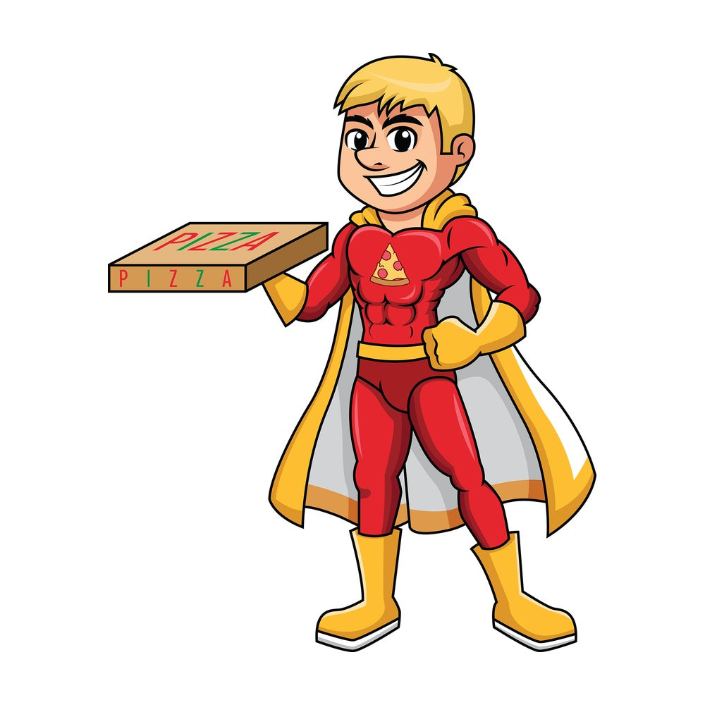 Superhero pizza delivery boy. PNG - JPG and vector EPS (infinitely scalable). Image isolated on transparent background.