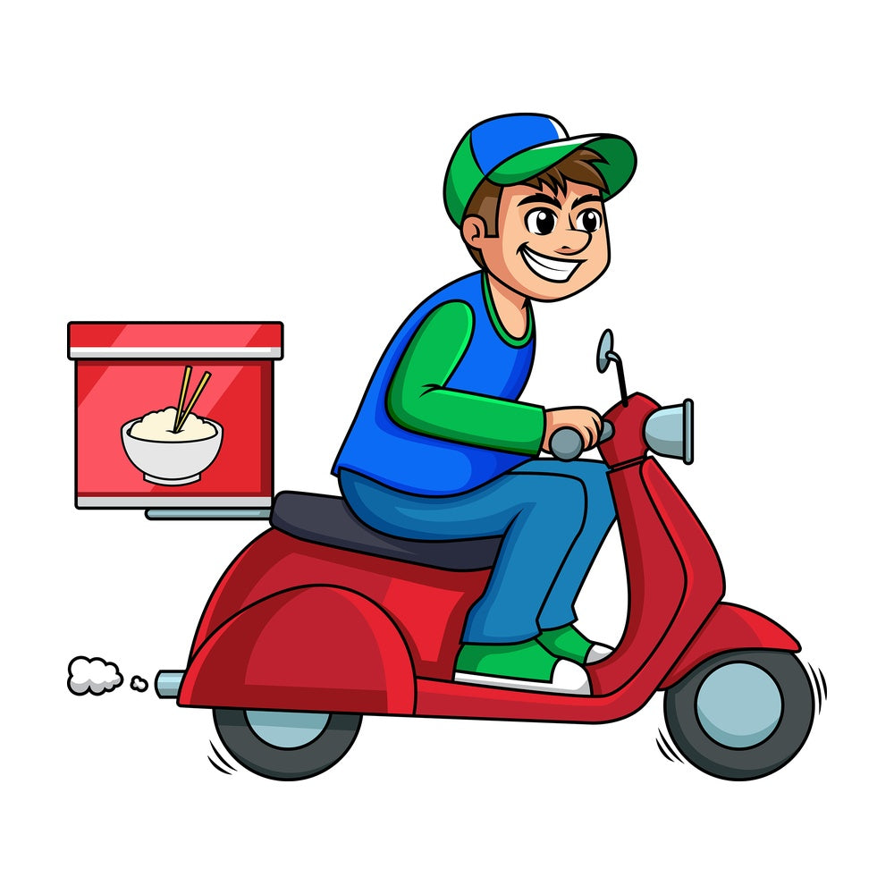 Chinese food delivery man on scooter. PNG - JPG and vector EPS (infinitely scalable). Image isolated on transparent background.