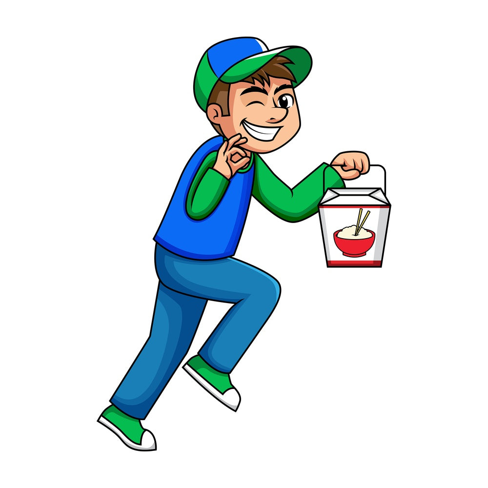 Winking asian food delivery boy. PNG - JPG and vector EPS (infinitely scalable). Image isolated on transparent background.