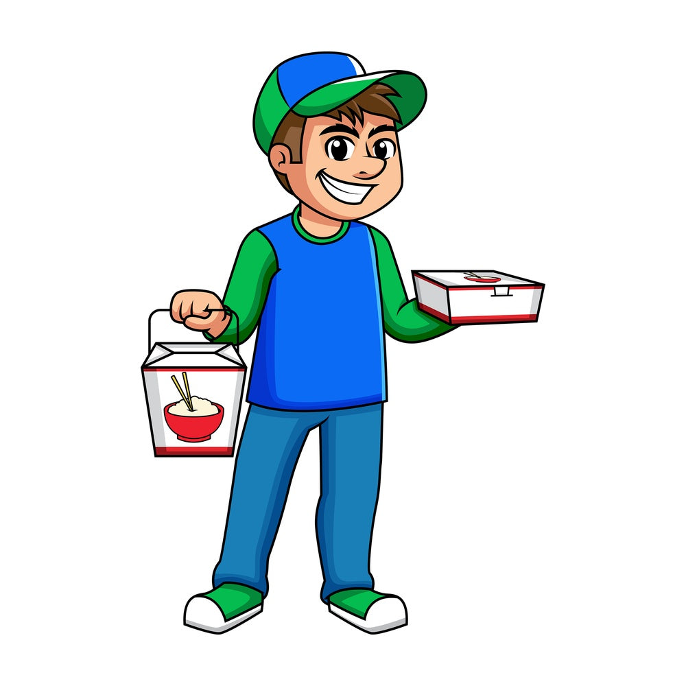 Guy delivering asian food. PNG - JPG and vector EPS (infinitely scalable). Image isolated on transparent background.
