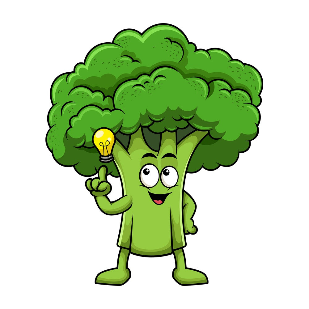 Broccoli cartoon character having an idea. PNG - JPG and vector EPS (infinitely scalable). Image isolated on transparent background.
