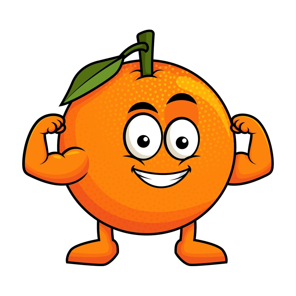 Orange cartoon character flexing muscles. PNG - JPG and vector EPS (infinitely scalable). Image isolated on transparent background.