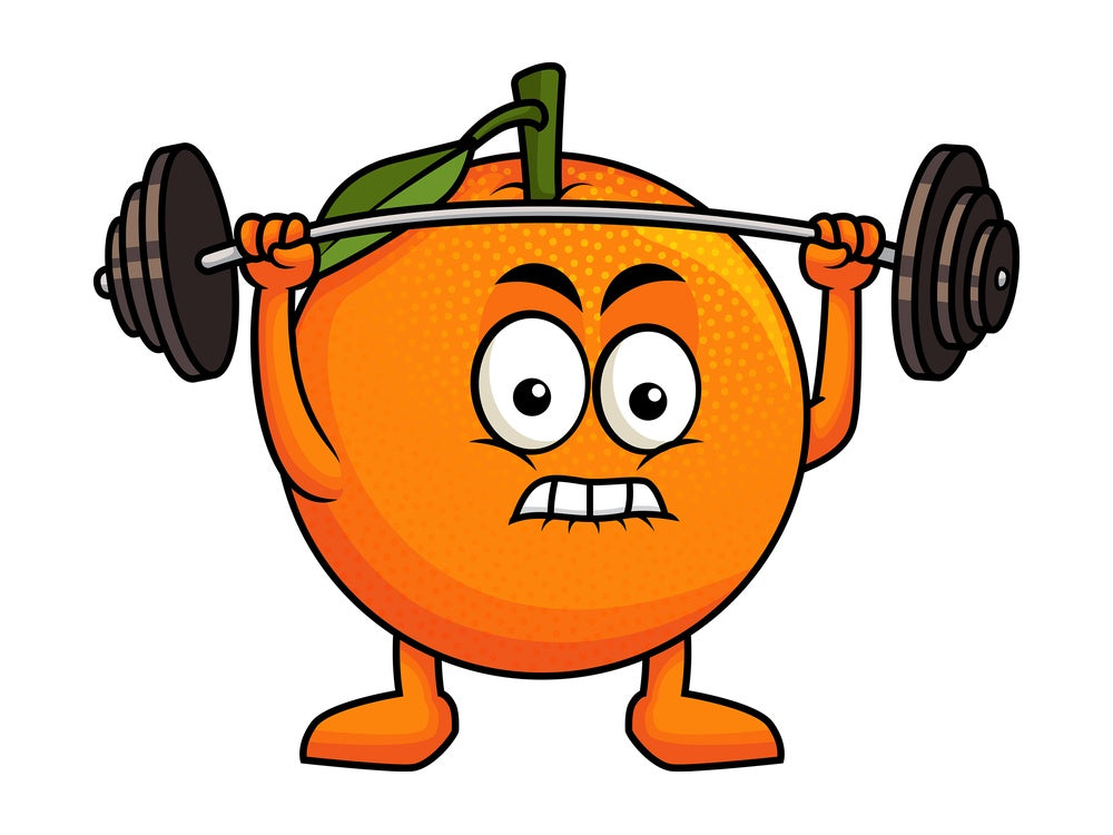 Orange cartoon character lifting weights. PNG - JPG and vector EPS (infinitely scalable). Image isolated on transparent background.