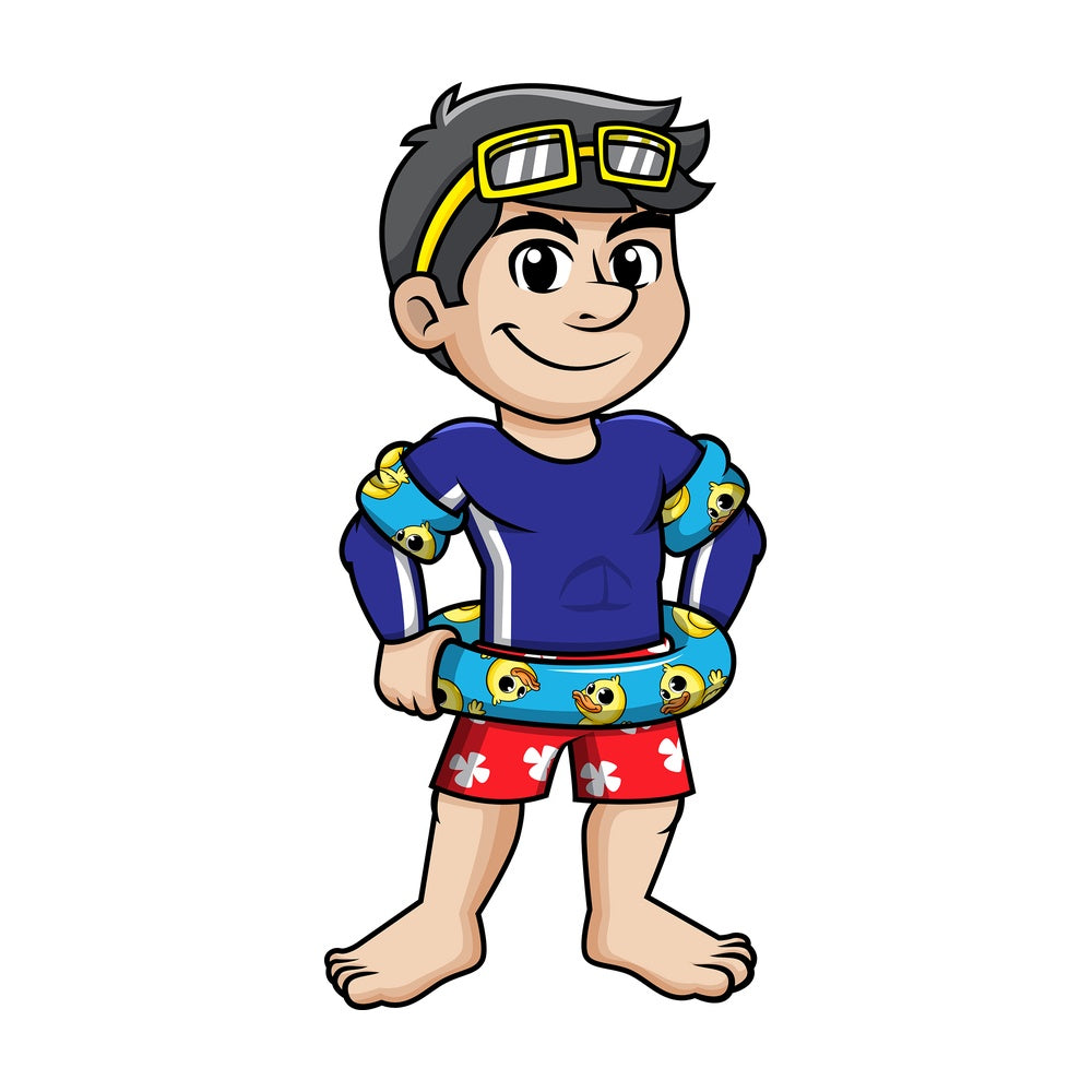 Guy wearing lifebelt and arm floats. PNG - JPG and vector EPS (infinitely scalable).
